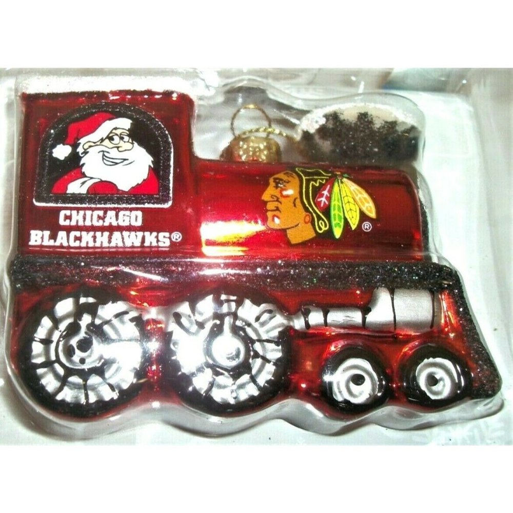 CHICAGO BLACKHAWKS BLOWN GLASS TRAIN ORNAMENT XMAS